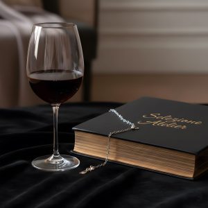 Calice di vino rosso e libro della Selezione Atelier su tavolo in legno.