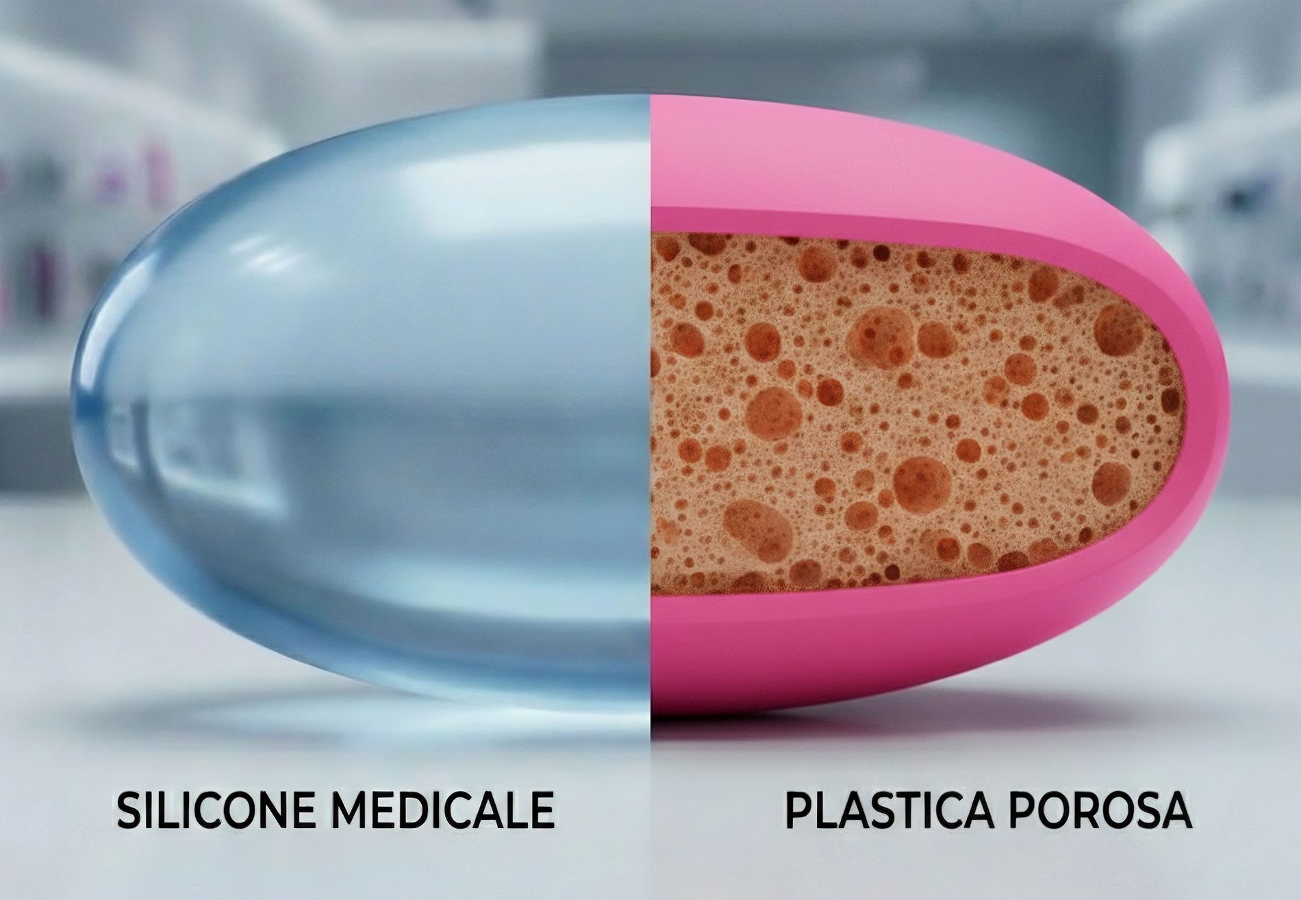 Raffronto tra la struttura liscia del silicone medicale e la porosità microscopica della plastica comune. Raffronto tra la struttura liscia del silicone medicale e la porosità microscopica della plastica comune.