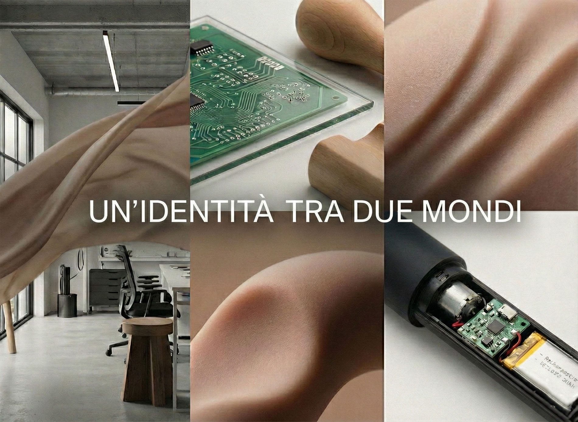 Collage tecnico Eros Atelier: circuiti elettronici, texture di materiali body-safe e officina di design.