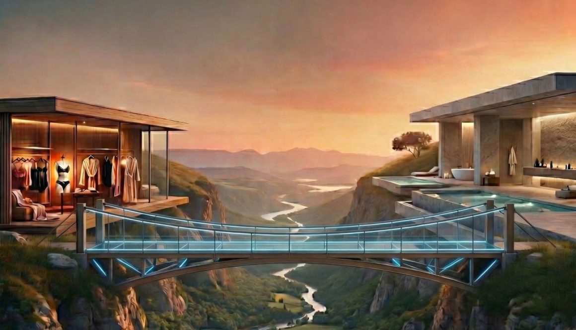Rappresentazione artistica del ponte tra Irlanda e Italia: unione tra architettura d'interni moderna e natura al tramonto.
