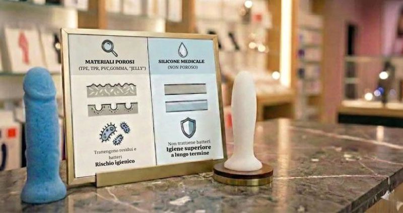 Infografica comparativa tra materiali porosi e silicone medicale non poroso con focus sull'igiene.