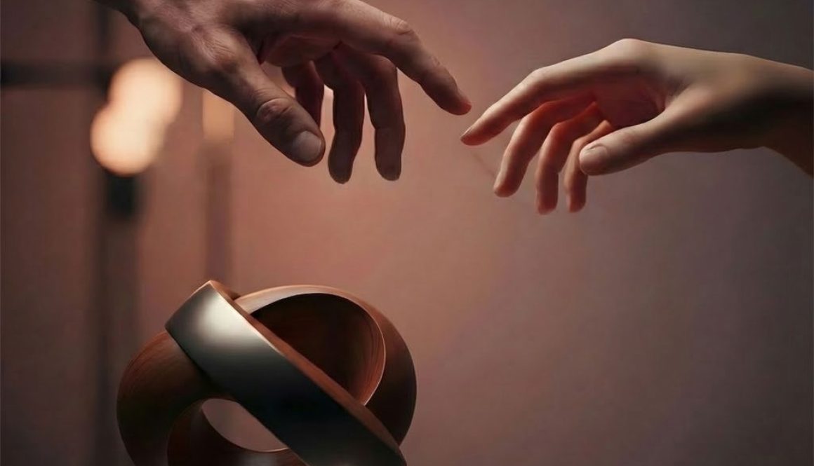Due mani che si avvicinano sopra una scultura di design circolare in legno e metallo, con la scritta Il piacere come dialogo - Eros Atelier.