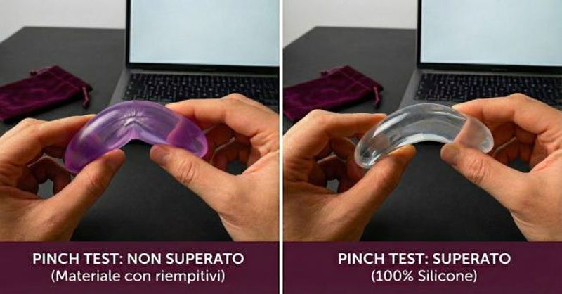 Confronto Pinch Test: silicone con riempitivi economici (bianco) vs 100% silicone puro.