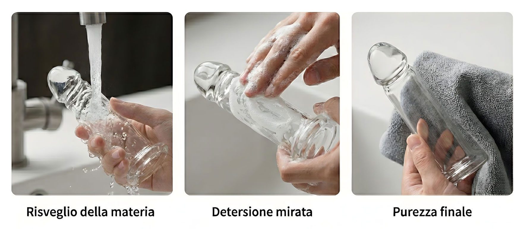 Sequenza di tre fasi per la pulizia di un oggetto in vetro borosilicato: risciacquo, detersione e asciugatura con panno.