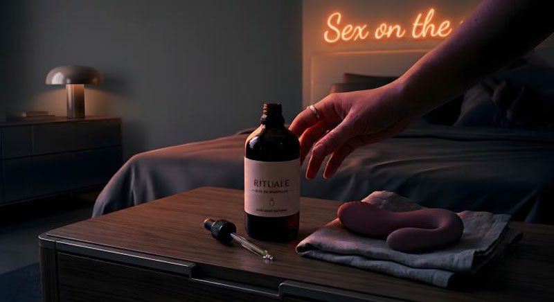 Flacone di olio da massaggio con contagocce su comodino in legno scuro in luce calda ambrata, oggetti del rituale intimo consapevole —Eros Atelier