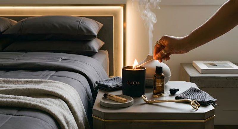 Mano che accende una candela nera con scritta Ritual su comodino con olio ambrato e accessori in luce calda, primo gesto del rituale intimo consapevole —Eros Atelier