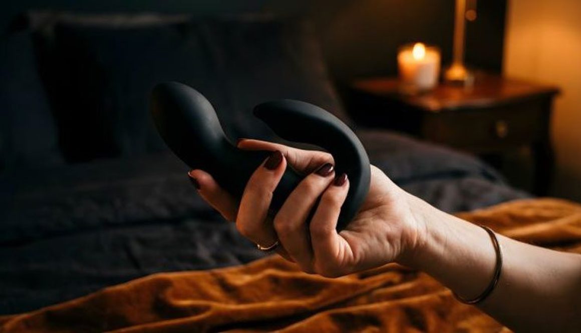 Mano femminile che regge con cura un oggetto di design in silicone medicale nero opaco in luce calda ambrata, oggetto intimo del rituale consapevole —Eros Atelier