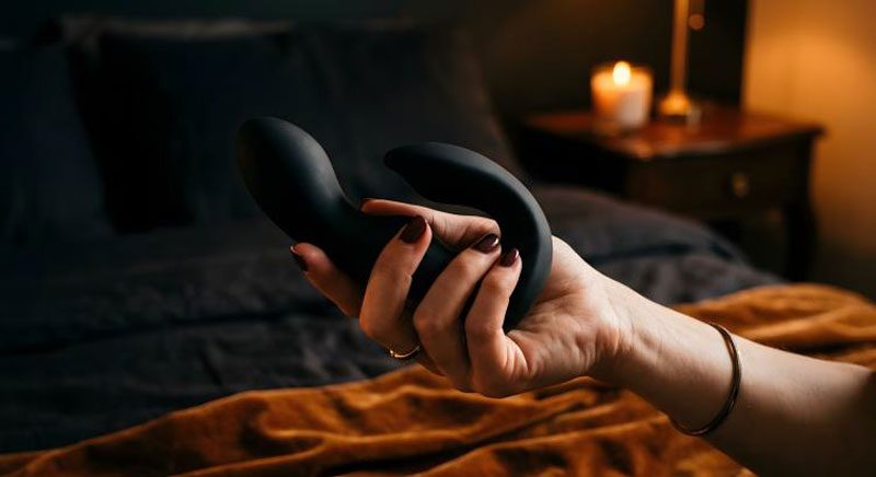 Mano femminile che regge con cura un oggetto di design in silicone medicale nero opaco in luce calda ambrata, oggetto intimo del rituale consapevole —Eros Atelier