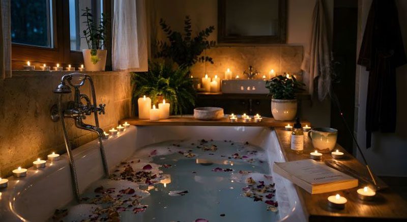 Vasca da bagno con petali di rosa e candele accese in ambiente caldo e raccolto, rituale di benessere intimo e tempo lento —Eros Atelier