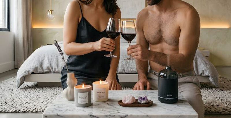 Coppia che condivide un calice di vino rosso accanto a candele di design su tavolo in marmo bianco in camera da letto, rituale intimo di coppia consapevole —Eros Atelier