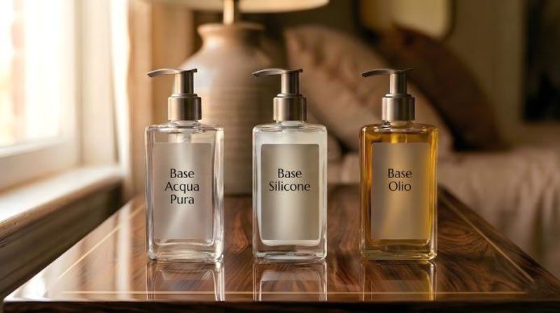 Tre flaconi di lubrificante intimo di design su piano in legno: base acqua pura, base silicone e base olio a confronto -Eros Atelier