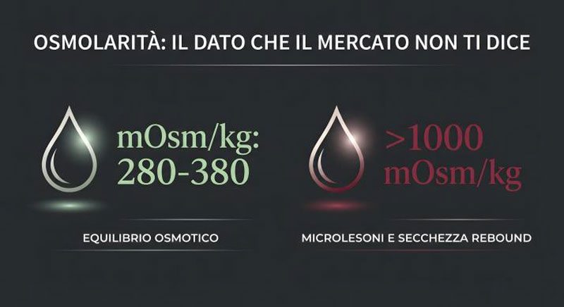 Infografica Eros Atelier sull'osmolarità del lubrificante intimo: equilibrio osmotico a 280-380 mOsm/kg vs rischio microlesioni oltre 1000 mOsm/kg